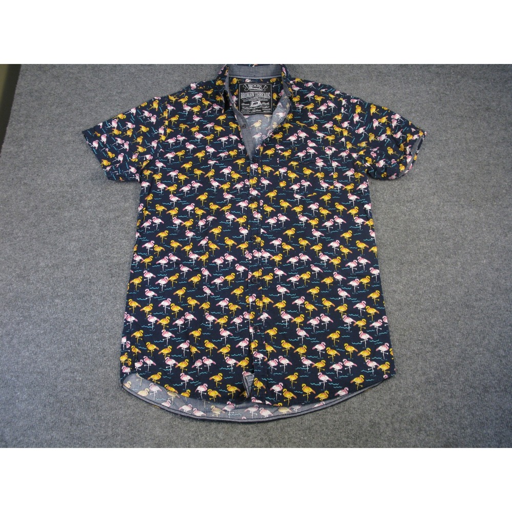 Broken Threads Men Flamingo Print Button Down Navy Blue Short Sleeve‎ Med #2050